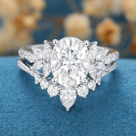 1.33 CT Oval Shaped Moissanite Cluster Bridal Set 1