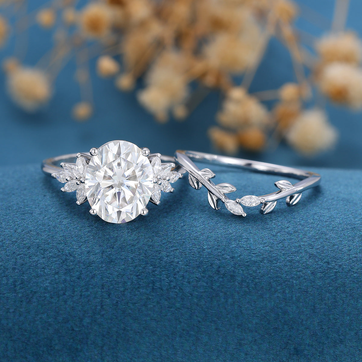 3.74 CT Oval Shaped Moissanite Cluster Bridal Set 4