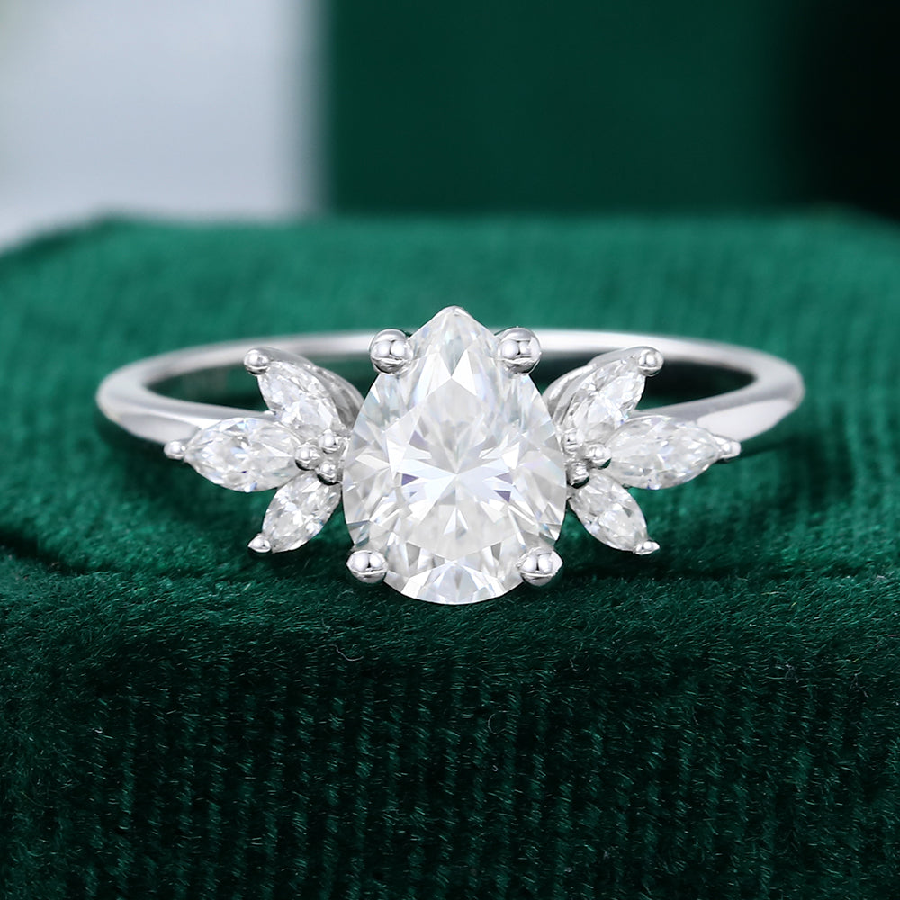 1.0 CT Pear Shaped Moissanite Cluster Engagement Ring 6