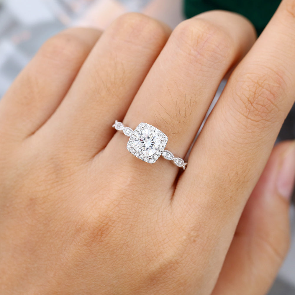 0.96 CT Cushion Shaped Moissanite Halo Engagement Ring 2