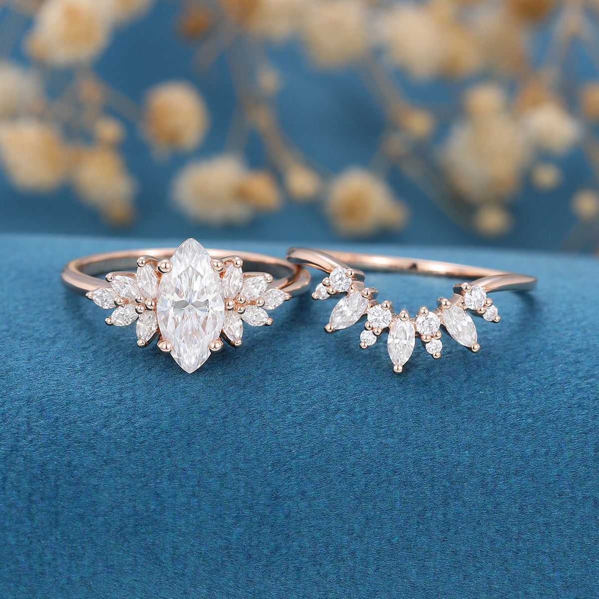 0.90 CT Marquise Shaped Moissanite Cluster Bridal Set 4