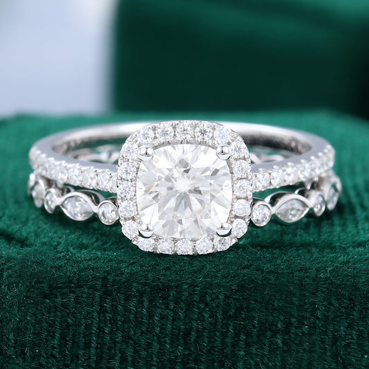 0.96 CT Cushion Moissanite Halo Bridal Ring Set 1