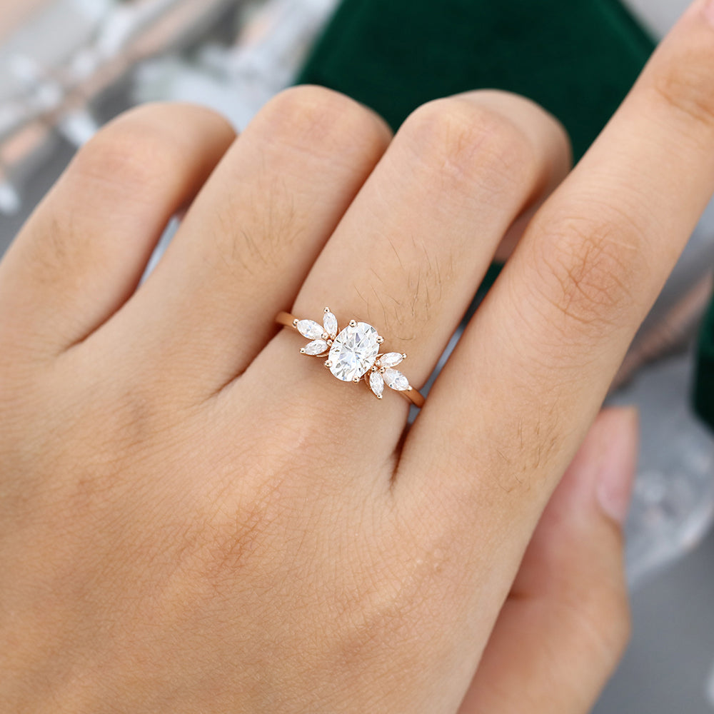 0.84 CT Oval Shaped Moissanite Cluster Engagement Ring 2