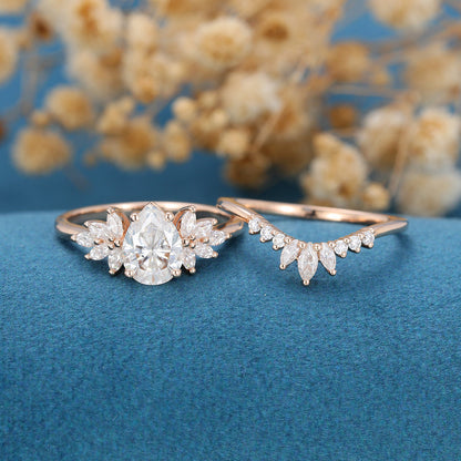 1.0 CT Pear Shaped Moissanite Cluster Bridal Set 4