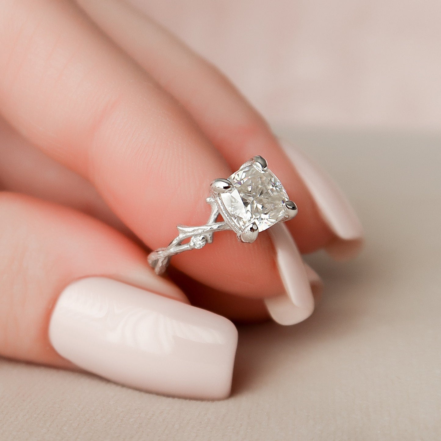 1.50 CT Cushion Twig Style Moissanite Engagement Ring 3